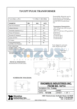 T-10320 datasheet - T1/CEPT PULSE TRANSFORMER