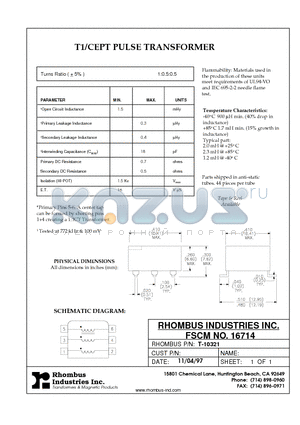 T-10321 datasheet - T1/CEPT PULSE TRANSFORMER