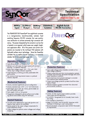 PQ60033ETL30NYS datasheet - Eighth-brick DC/DC Converter