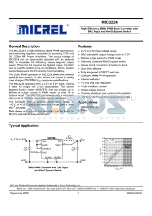 MIC2224YML datasheet - High Efficiency 2MHz PWM Buck Converter with DAC Input and 40mY Bypass Switch