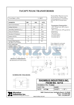 T-10324 datasheet - T1/CEPT PULSE TRANSFORMER