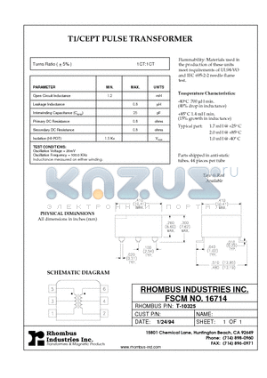 T-10325 datasheet - T1/CEPT PULSE TRANSFORMER