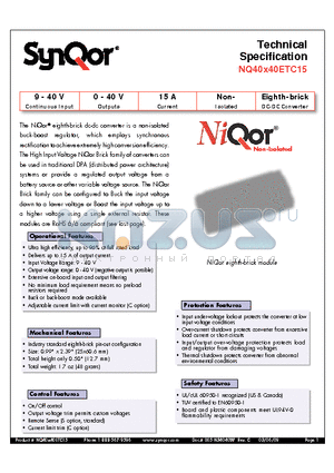 NQ40T40ETC15NKS-G datasheet - Eighth-brick DC-DC Converter