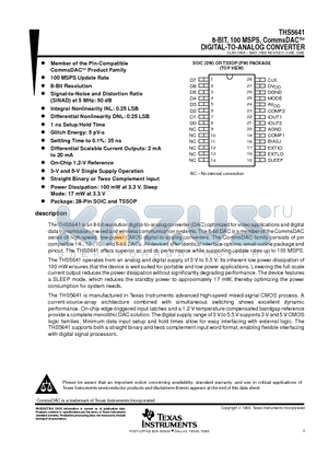 THS5641DW datasheet - 8-BIT, 100 MSPS, CommsDACE DIGITAL-TO-ANALOG CONVERTER