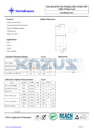 OSYBMS5A31A datasheet - 5mm Round Bi-Color Flashing Yellow & Blue LED 1.8Hz 1/2 Duty Cycle