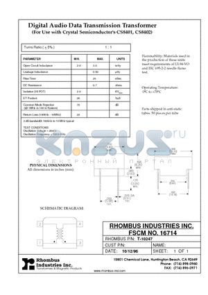 T-10347 datasheet - Digital Audio Data Transmission Transformers