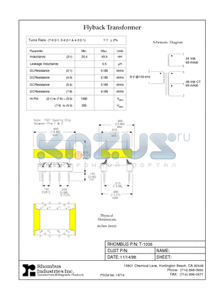 T-1036 datasheet - Flyback Transformer