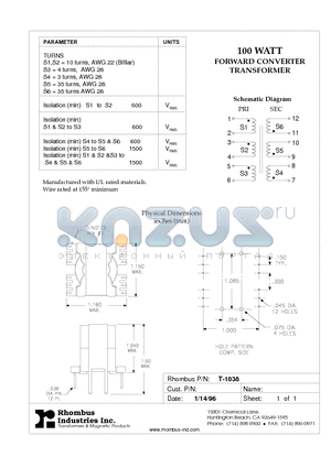 T-1038 datasheet - 100 WATT FORWARD CONVERTER