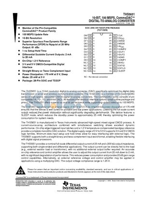 THS5651DW datasheet - 10-BIT, 100 MSPS, CommsDACE DIGITAL-TO-ANALOG CONVERTER