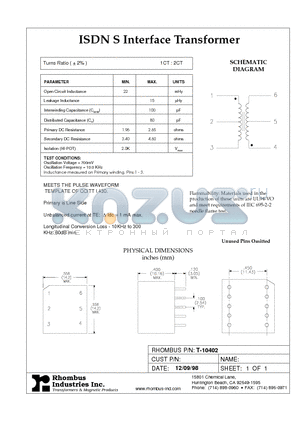 T-10402 datasheet - ISDN S Interface Transformer