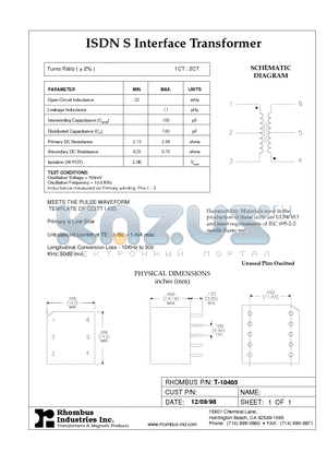 T-10405 datasheet - ISDN S Interface Transformer
