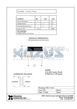 T-1041 datasheet - Turns Ratio: 10 Turns : 3 Turns