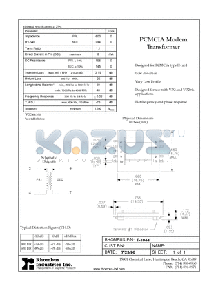 T-1044 datasheet - PCMCIA Modem Transformer