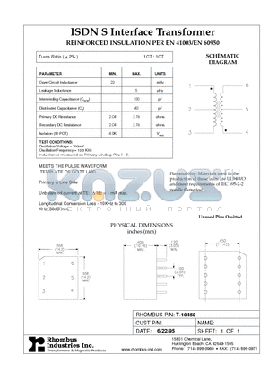 T-10450 datasheet - ISDN S Interface Transformer