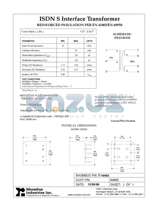 T-10453 datasheet - ISDN S Interface Transformer