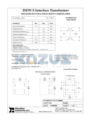 T-10454 datasheet - ISDN S Interface Transformer