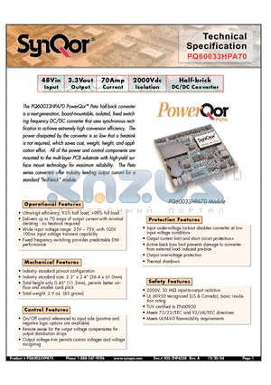 PQ60033HPA70NNS datasheet - Half-brick DC/DC Converter