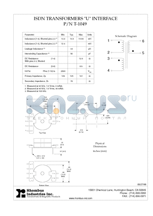 T-1049 datasheet - ISDN TRANSFORMERS 