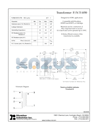 T-1050 datasheet - Transformer