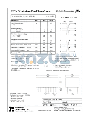 T-10502 datasheet - ISDN S-Interface Dual Transformer