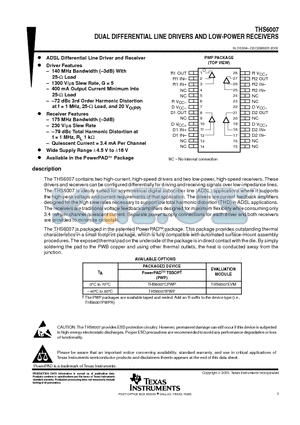 THS6007 datasheet - DUAL DIFFERENTIAL LINE DRIVERS AND LOW-POWER RECEIVERS