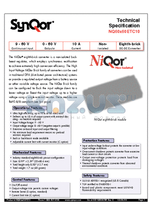 NQ60T60ETC10NNS-G datasheet - Eighth-brick DC-DC Converter