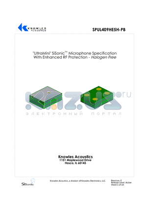 SPUL409HE5H-PB datasheet - UltraMini Surface Mount Silicon Microphone with Enhanced RF Protection - Halogen Free