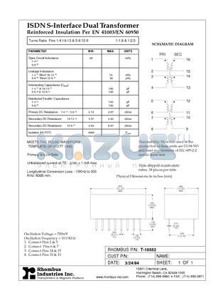 T-10552 datasheet - ISDN S-Interface Dual Transformer