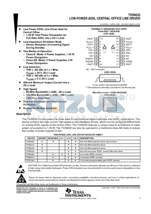 THS6032 datasheet - LOW-POWER ADSL CENTRAL-OFFICE LINE DRIVER