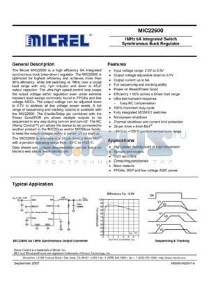 MIC22600 datasheet - 1MHz 6A Integrated Switch Synchronous Buck Regulator
