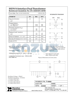 T-10554 datasheet - ISDN S-Interface Dual Transformer