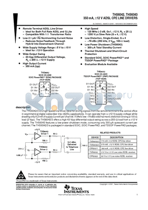 THS6042 datasheet - 350 mA, a12 V ADSL CPE LINE DRIVERS