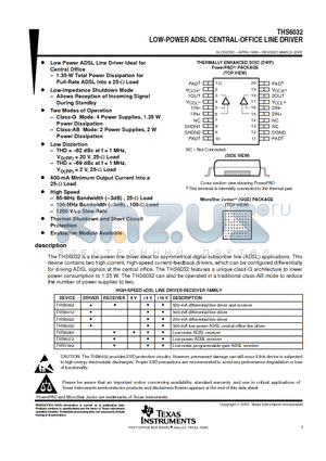 THS6032EVM datasheet - LOW-POWER ADSL CENTRAL-OFFICE LINE DRIVER