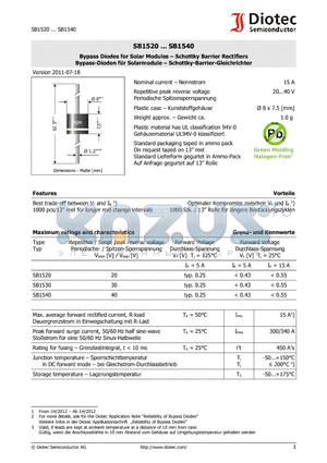 SB1540 datasheet - Bypass Diodes for Solar Modules - Schottky Barrier Rectifiers