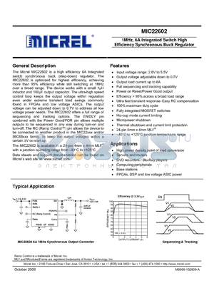MIC22602YML datasheet - 1MHz, 6A Integrated Switch High Efficiency Synchronous Buck Regulator