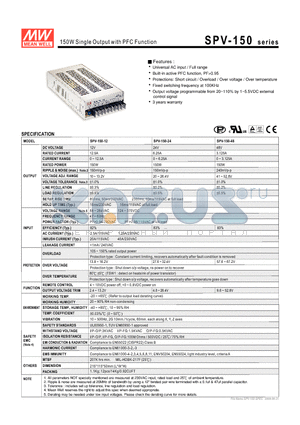 SPV-150-12 datasheet - 150W Single Output with PFC Function