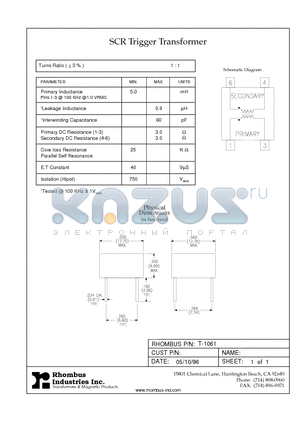 T-1061 datasheet - SCR Trigger Transformer