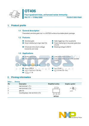 OT406 datasheet - Four-quadrant triac, enhanced noise immunity