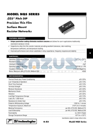 NQS16A1001DQ7 datasheet - .025 Pitch DIP Precision Thin Film Surface Mount Resistor Networks