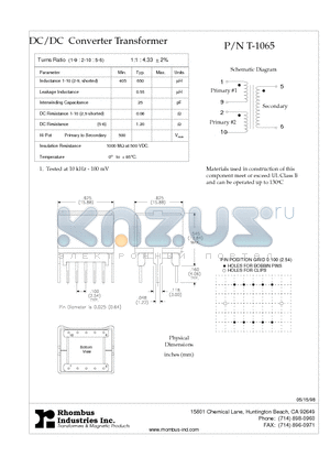 T-1065 datasheet - DC/DC Converter Transformer