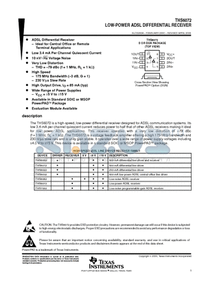 THS6072 datasheet - LOW-POWER ADSL DIFFERENTIAL RECEIVER