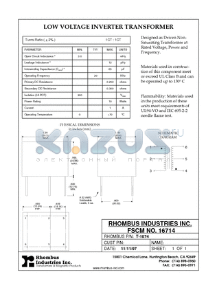 T-1074 datasheet - LOW VOLTAGE INVERTER TRANSFORMER