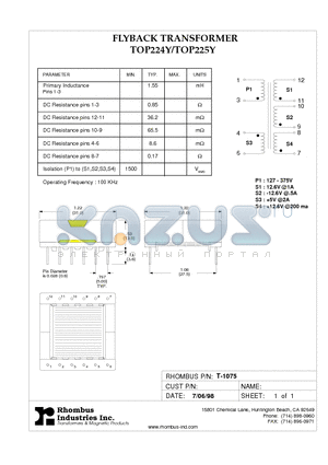 T-1075 datasheet - FLYBACK TRANSFORMER