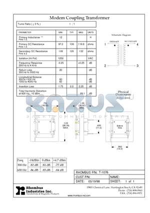 T-1076 datasheet - Modem Coupling Transformer