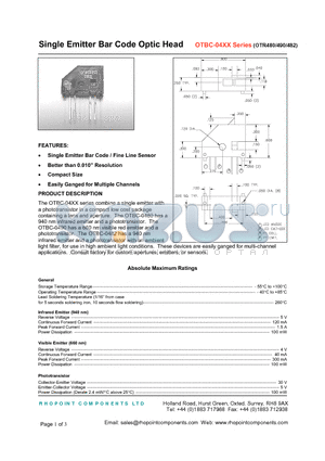 OTBC-0480-10 datasheet - Single Emitter Bar Code Optic Head