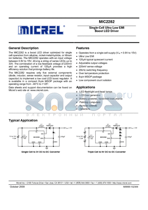 MIC2282 datasheet - Single-Cell Ultra Low EMI Boost LED Driver