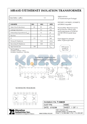 T-10803G datasheet - 10BASE-T/ETHERNET ISOLATION TRANSFORMER