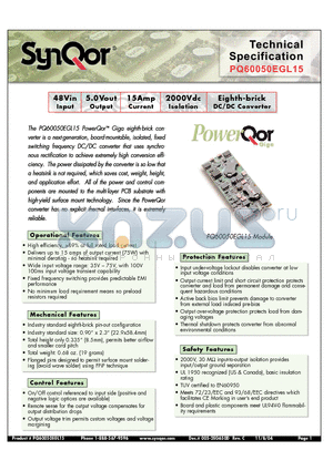 PQ60050EGL15NNS datasheet - Eighth-brick DC/DC Converter