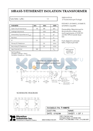 T-10807G datasheet - 10BASE-T/ETHERNET ISOLATION TRANSFORMER