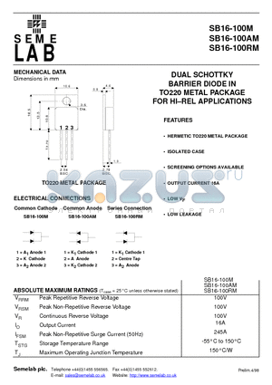 SB16-100RM datasheet - DUAL SCHOTTKY BARRIER DIODE IN TO220 METAL PACKAGE FOR HI-REL APPLICATIONS